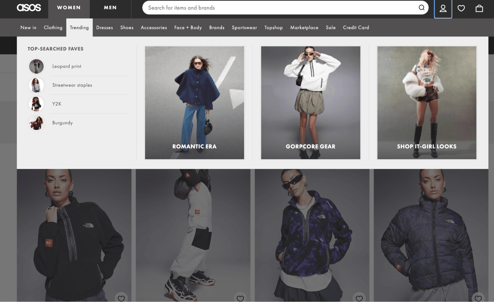 Asos trending categories in global nav