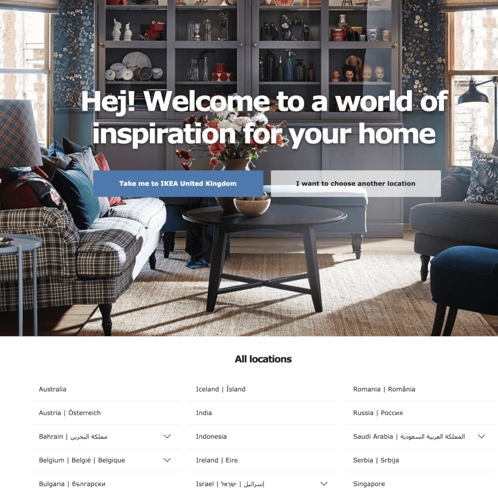 Ikea old homepage with language selector