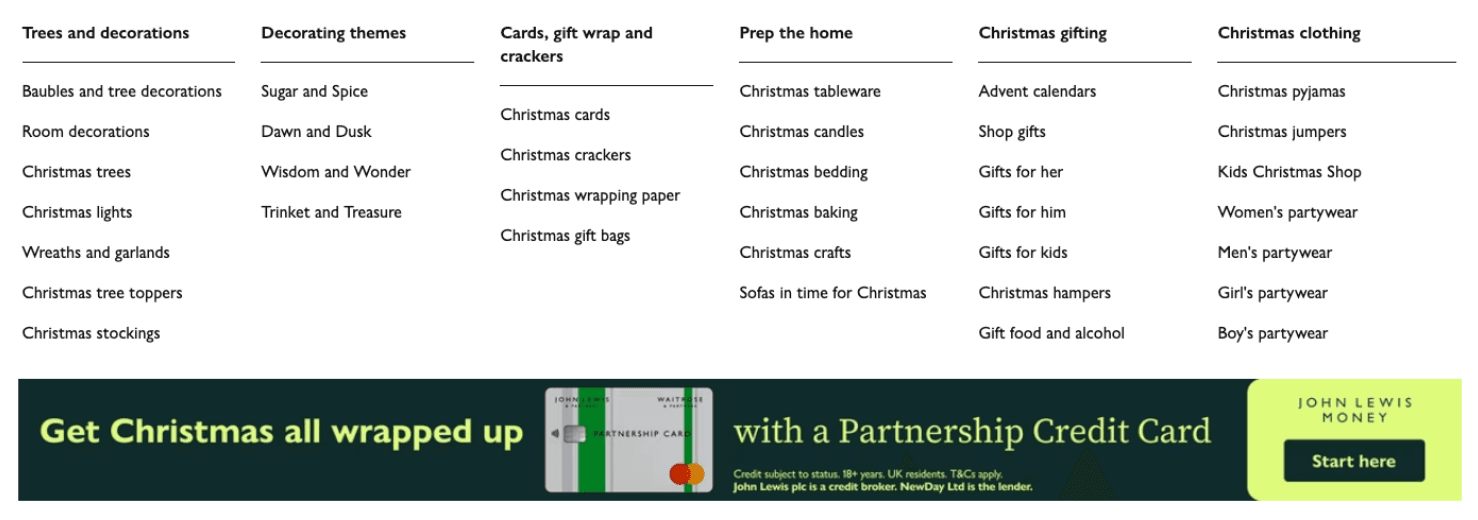 Example of John Lewis navigation bar