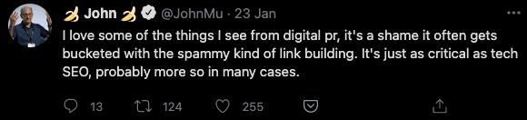 John Mueller tweets about importance of digital PR for SEO