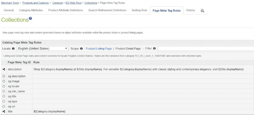Product listing page meta tag rules and automated description