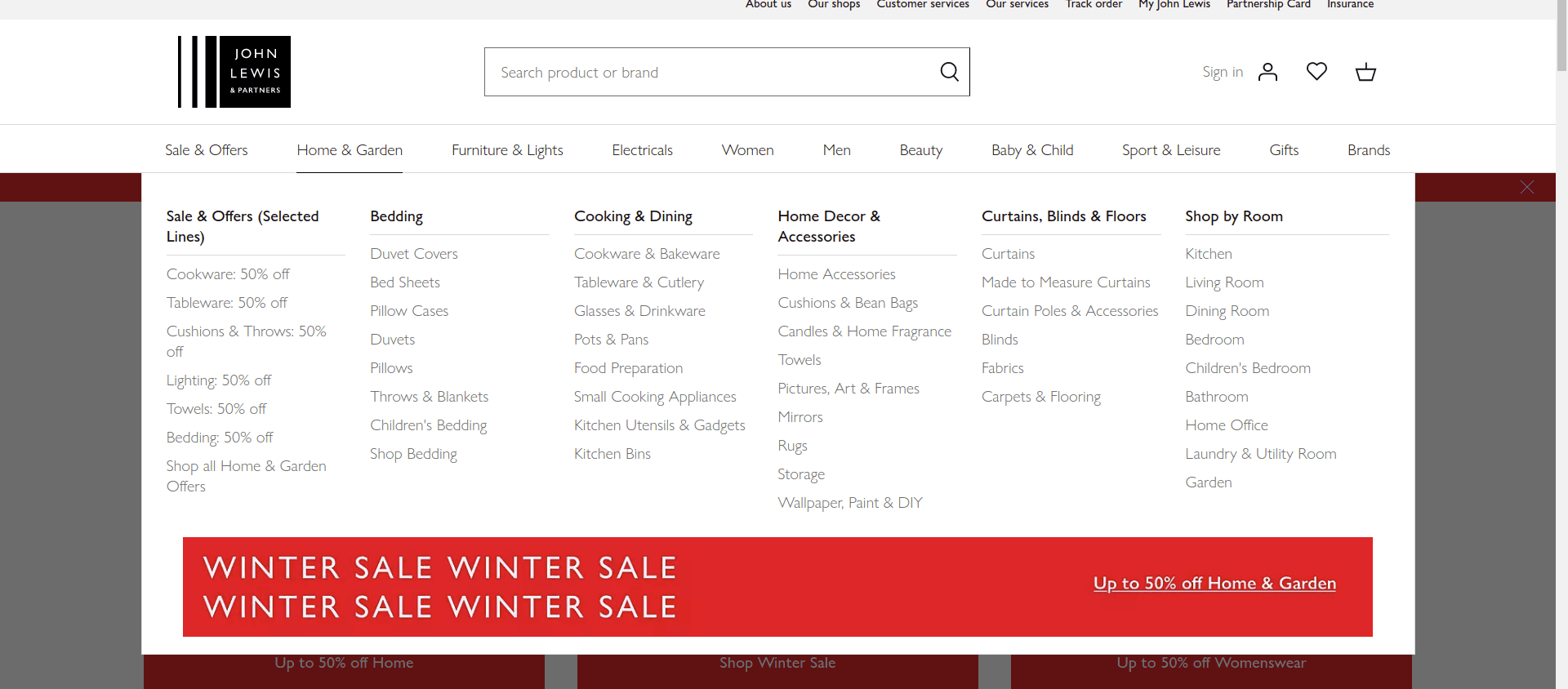 John Lewis website has several categories and sub categories in header navigation