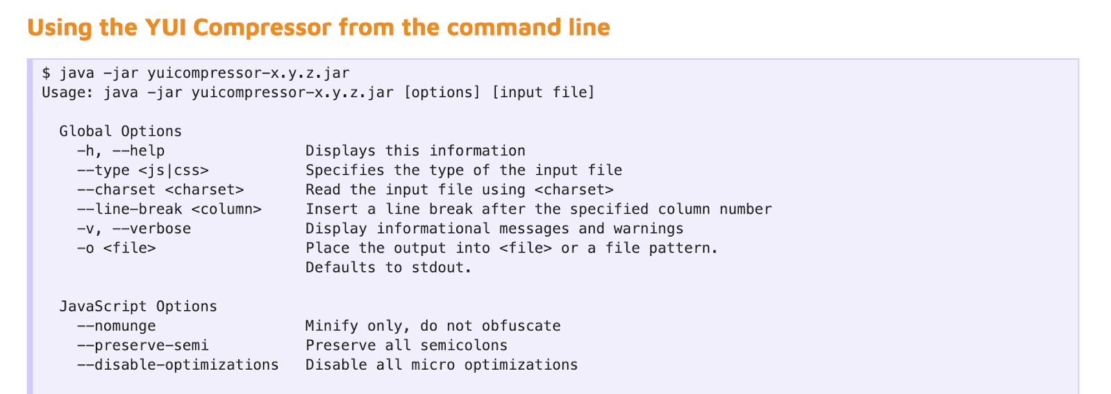 YUI compressor screenshot javascript minification tools