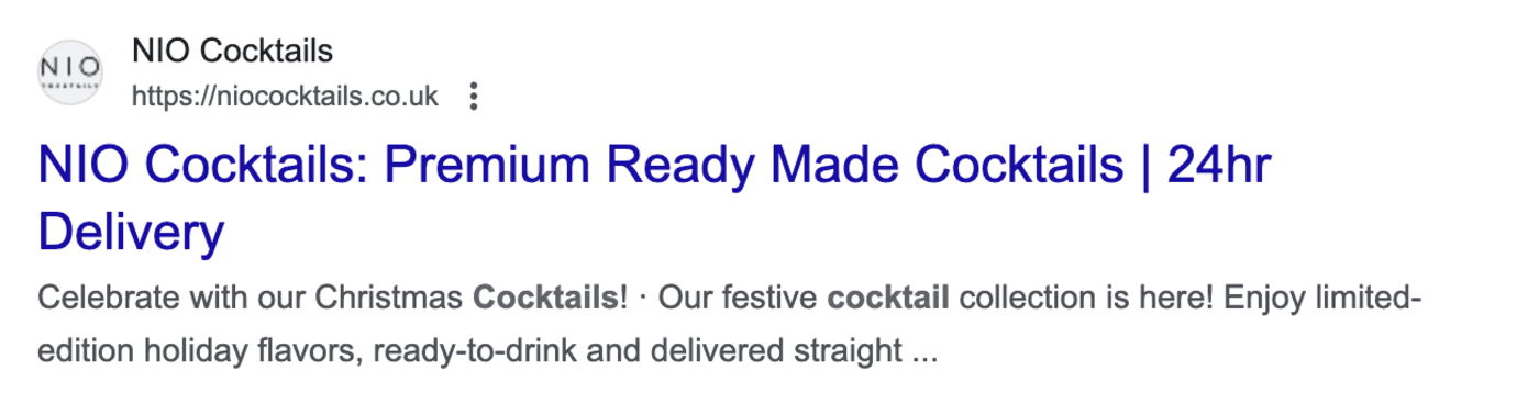 NIO Cocktails title tag example