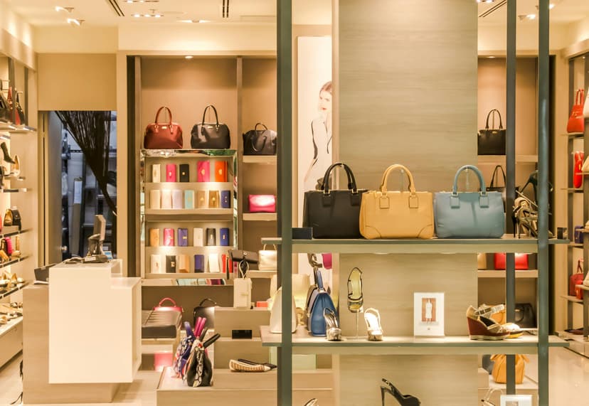 Storefront display featuring a variety of handbags