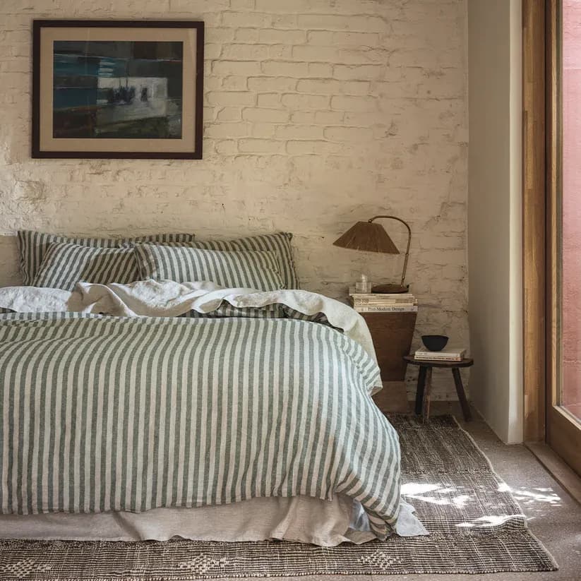 Piglet in Bed Fern Green Pembroke Stripe Linen Blend Duvet Cover